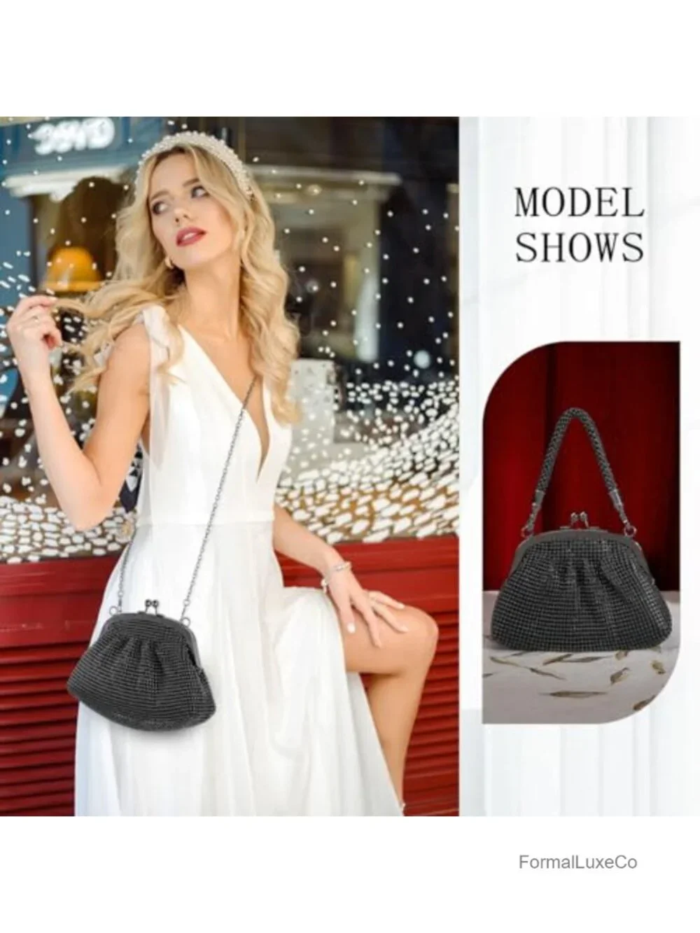 Sparkly Rhinestone Evening Clutch with Kiss Lock and Detachable Chains